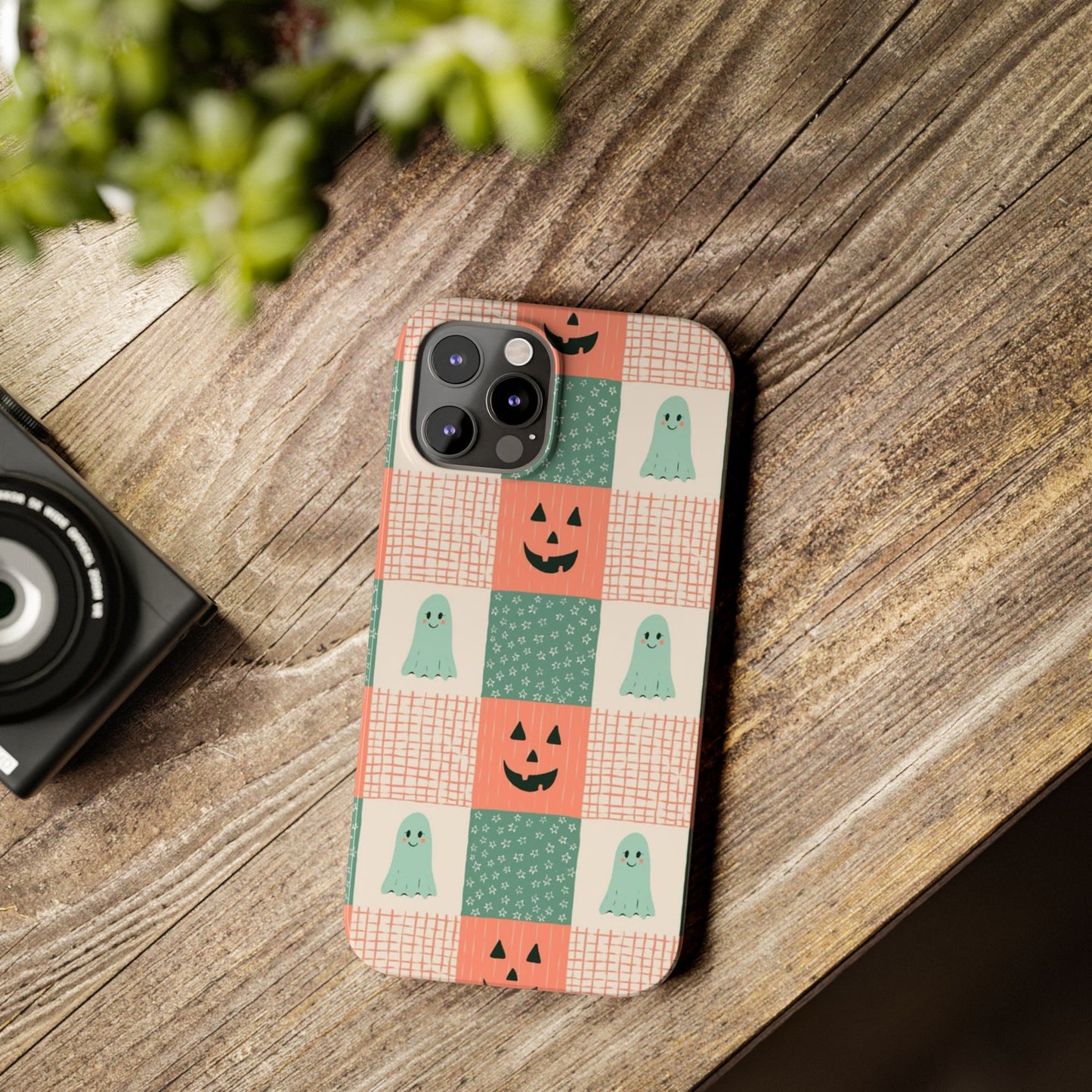 Ghost and Pumpkin Checkered Slim iPhone Case