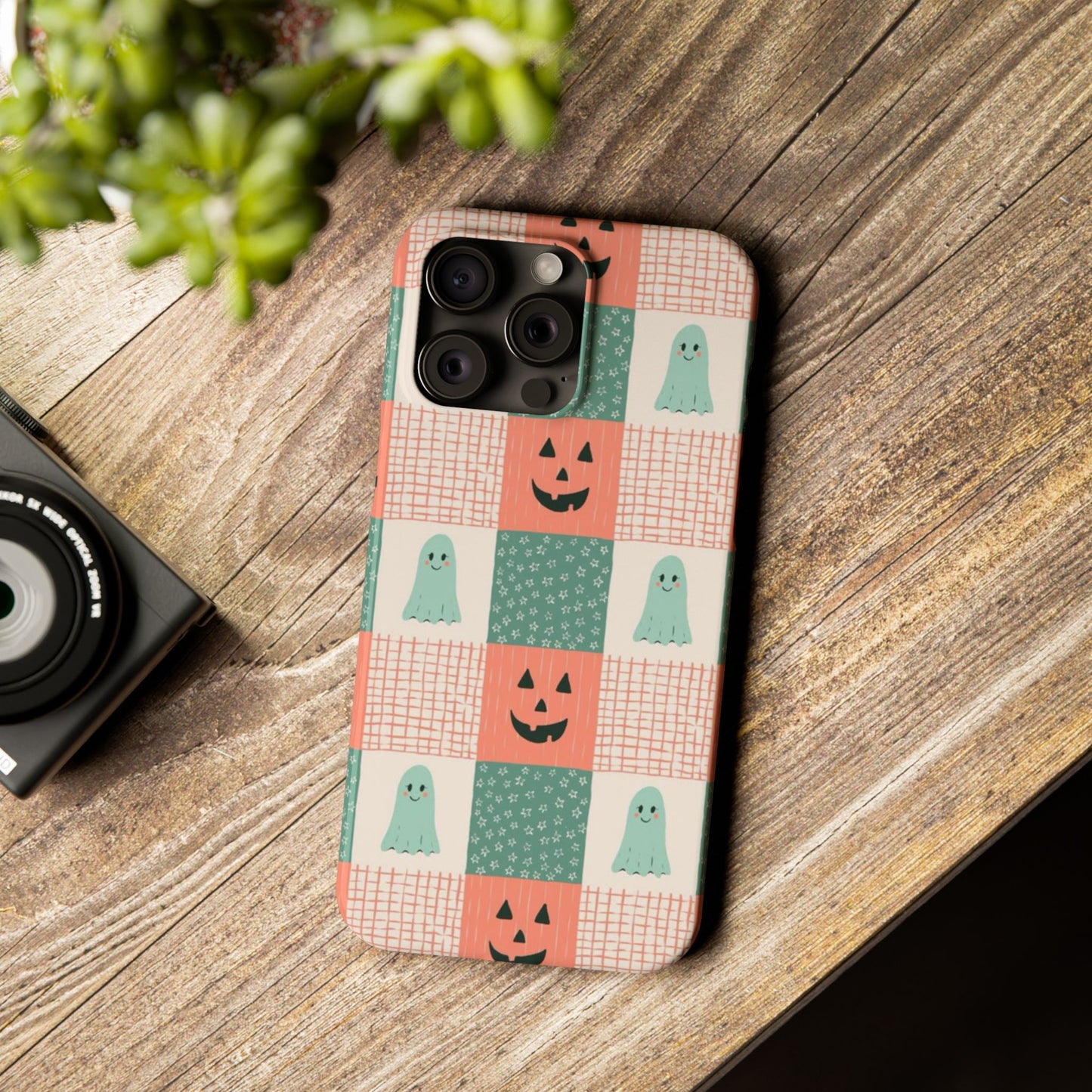 Ghost and Pumpkin Checkered Slim iPhone Case