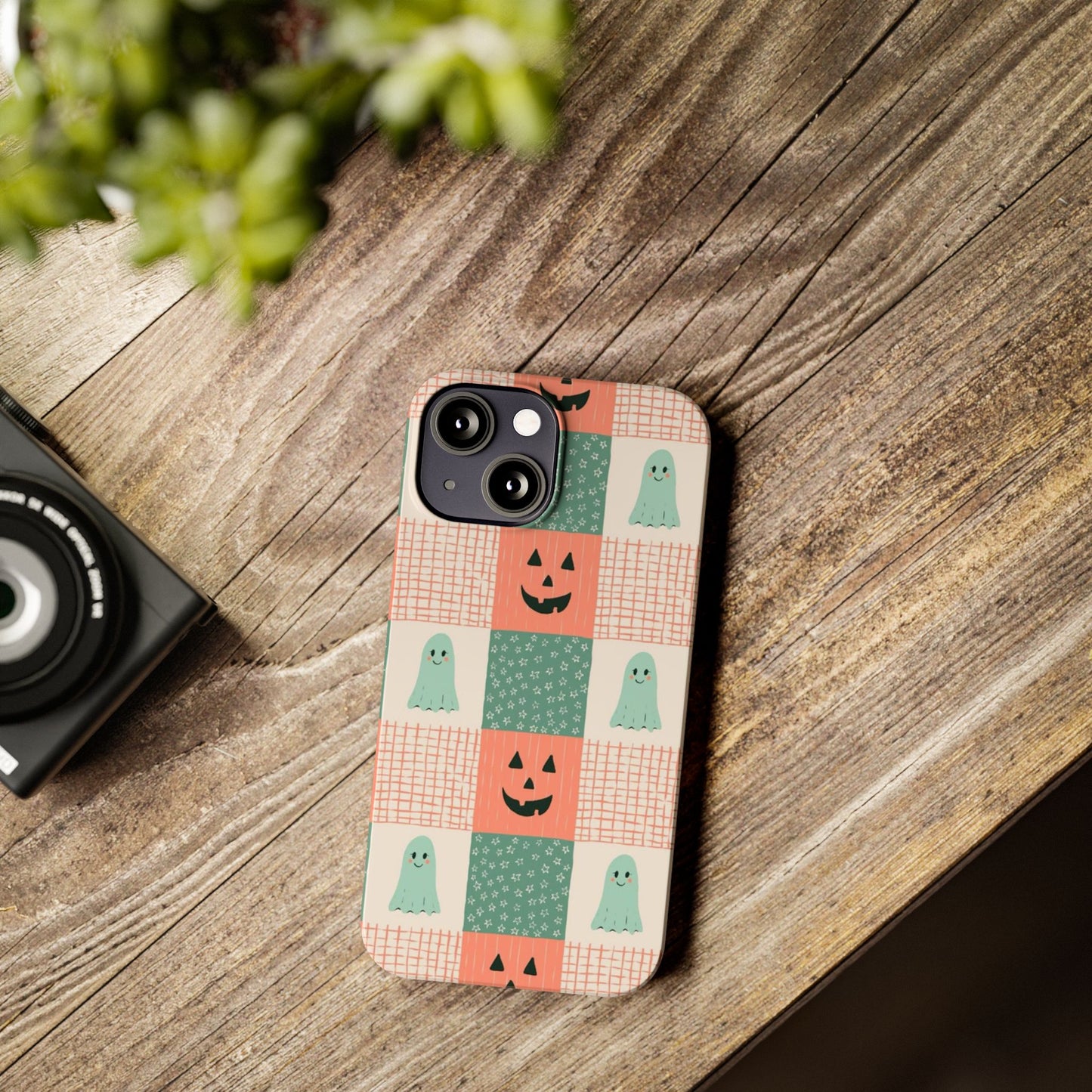 Ghost and Pumpkin Checkered Slim iPhone Case