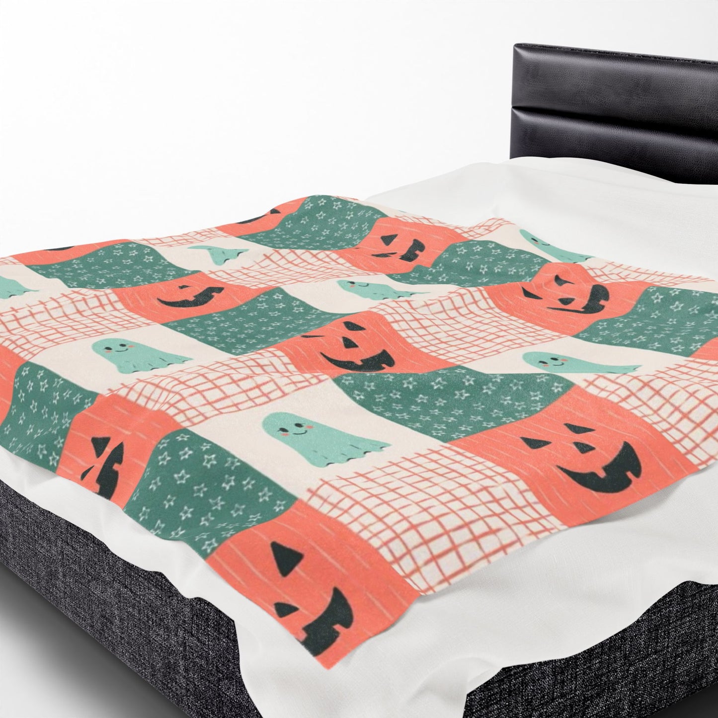 Ghost and Pumpkin Checkered Velveteen Plush Blanket