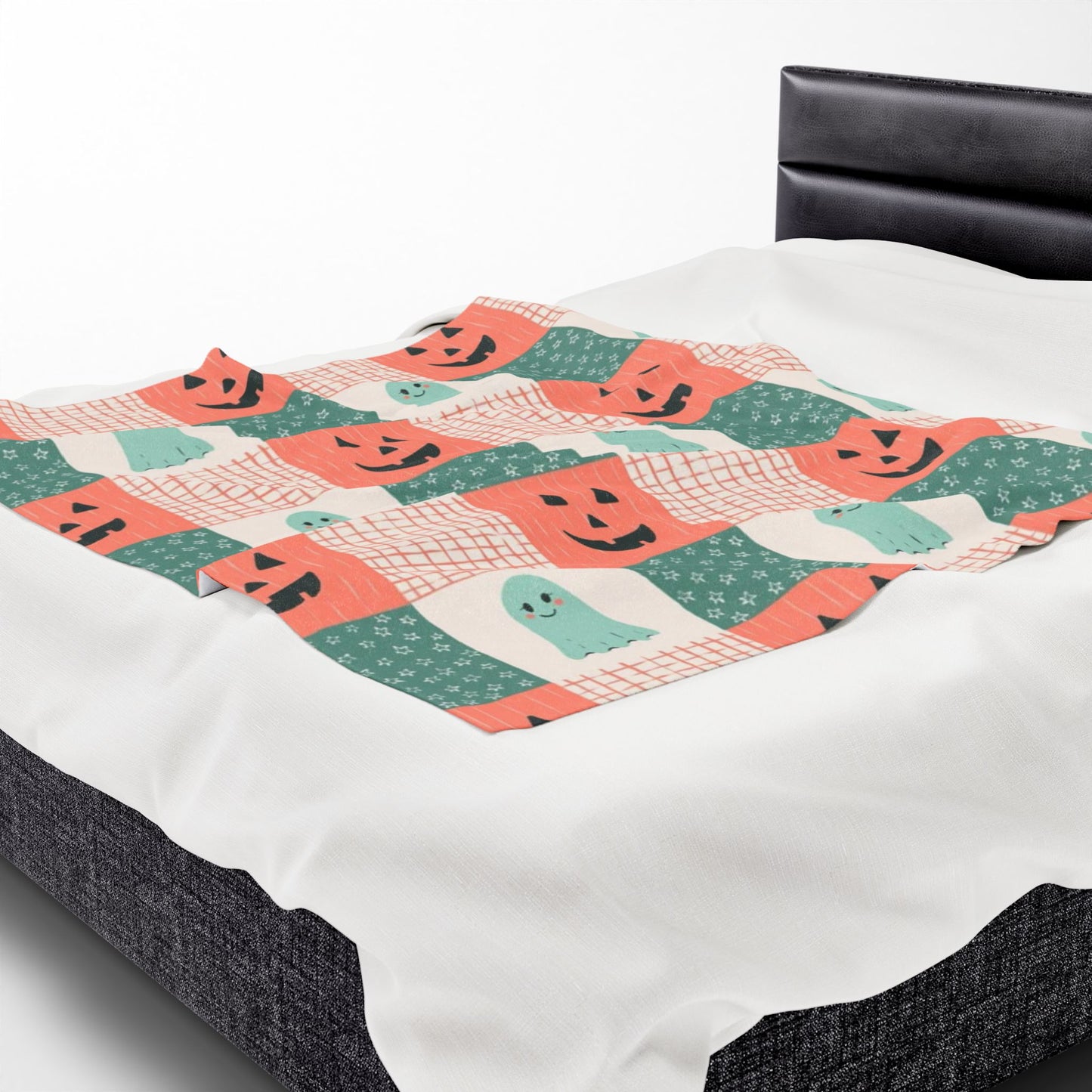Ghost and Pumpkin Checkered Velveteen Plush Blanket