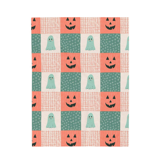 Ghost and Pumpkin Checkered Velveteen Plush Blanket