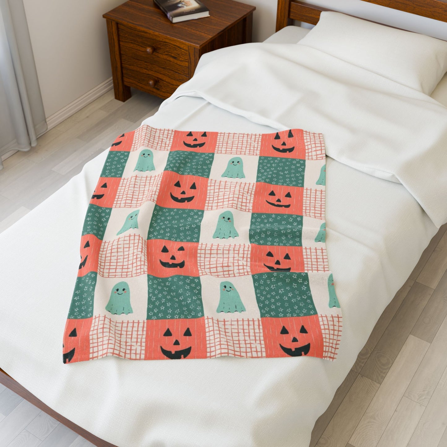 Ghost and Pumpkin Checkered Velveteen Plush Blanket