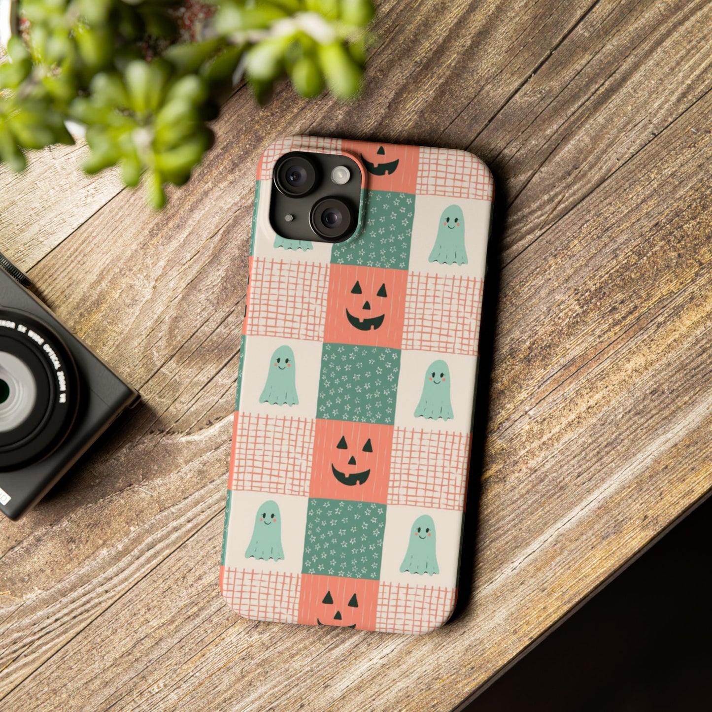 Ghost and Pumpkin Checkered Slim iPhone Case