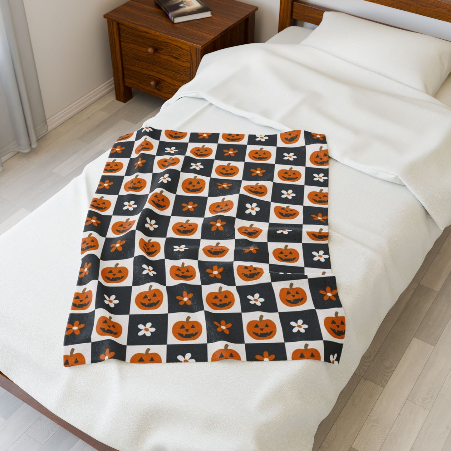 Checkered Pumpkin Florals Velveteen Plush Blanket