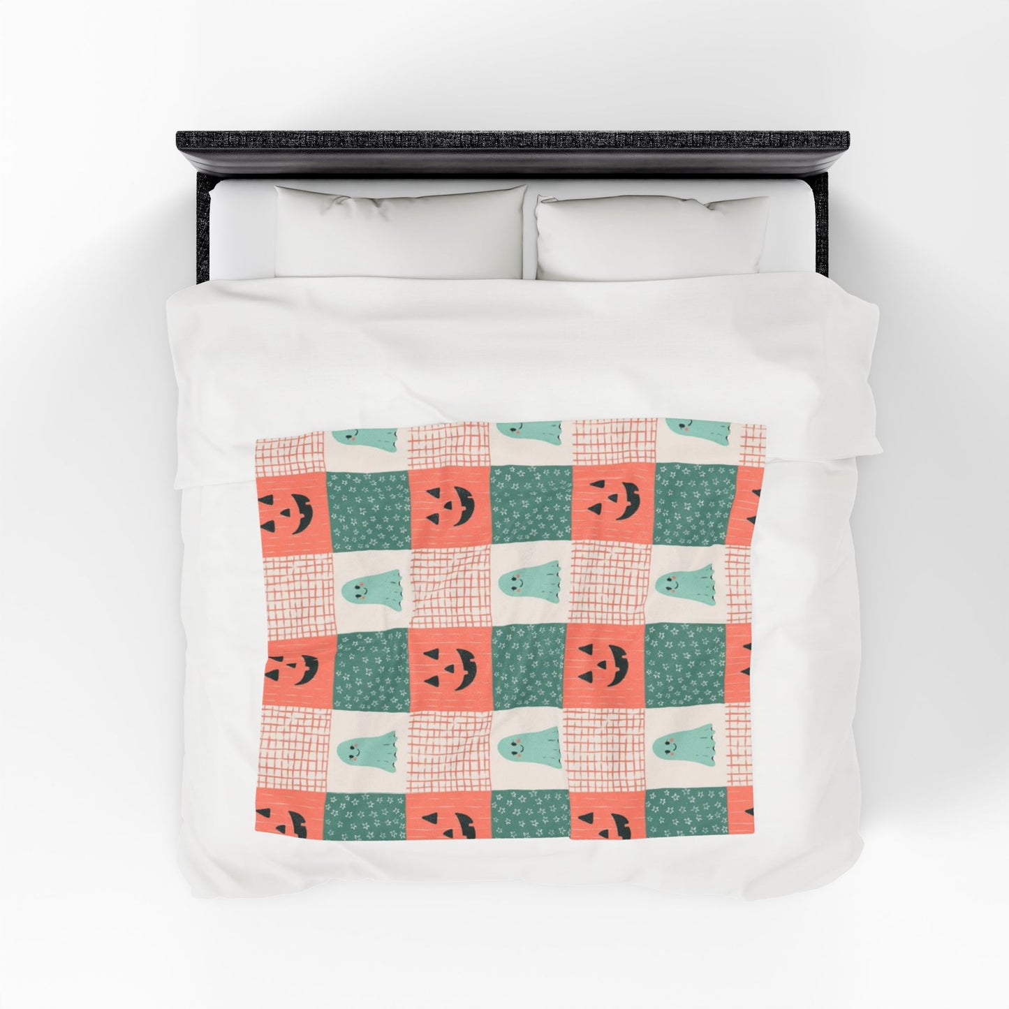 Ghost and Pumpkin Checkered Velveteen Plush Blanket
