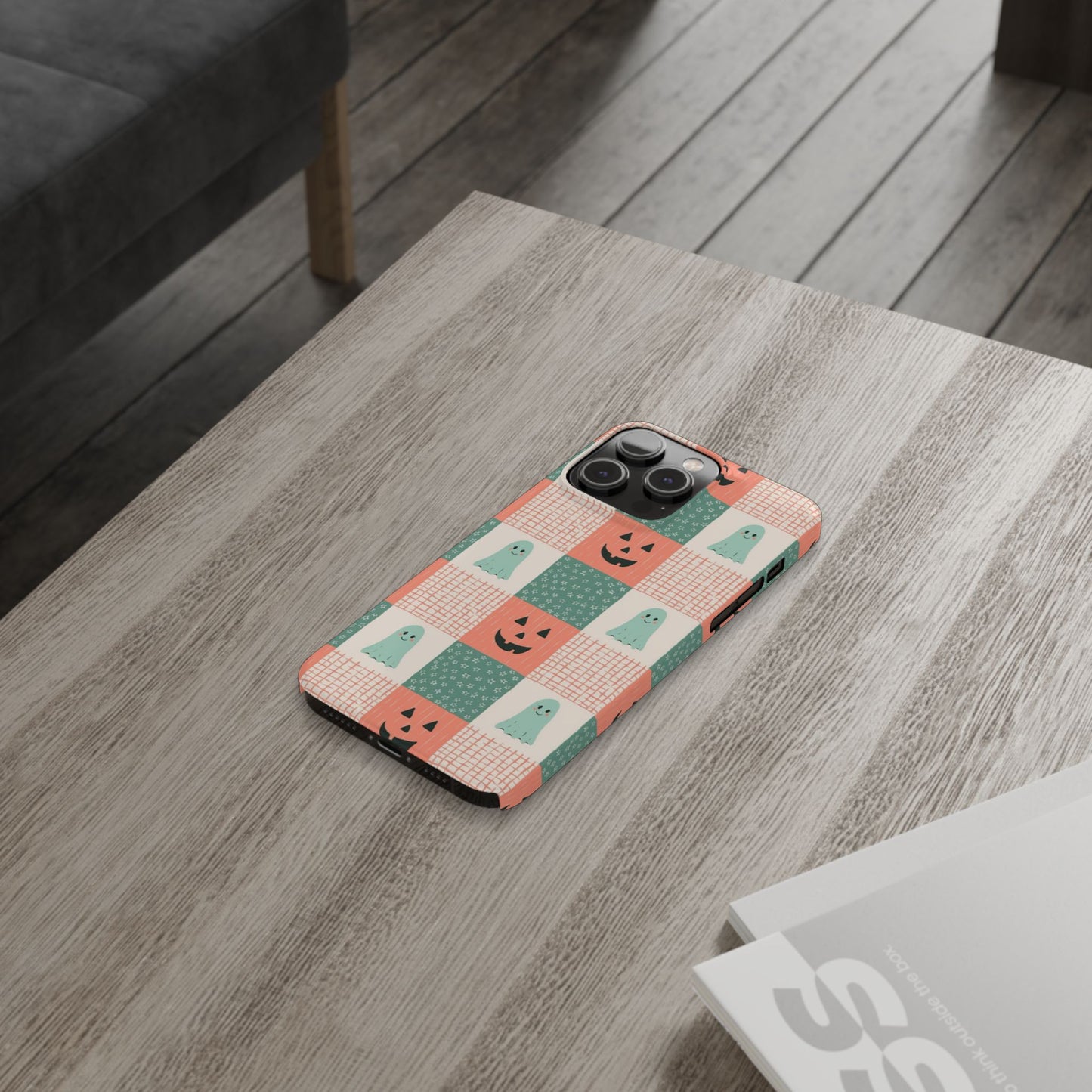 Ghost and Pumpkin Checkered Slim iPhone Case