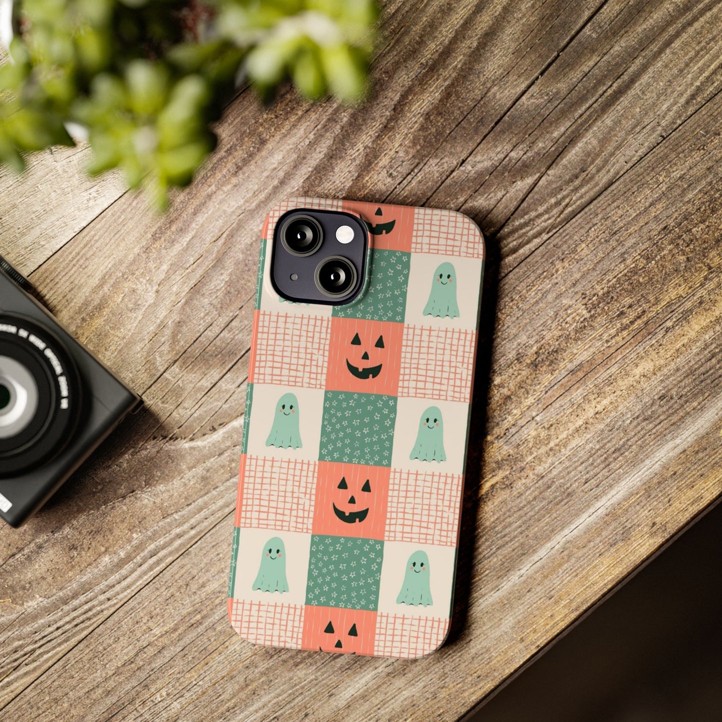 Ghost and Pumpkin Checkered Slim iPhone Case