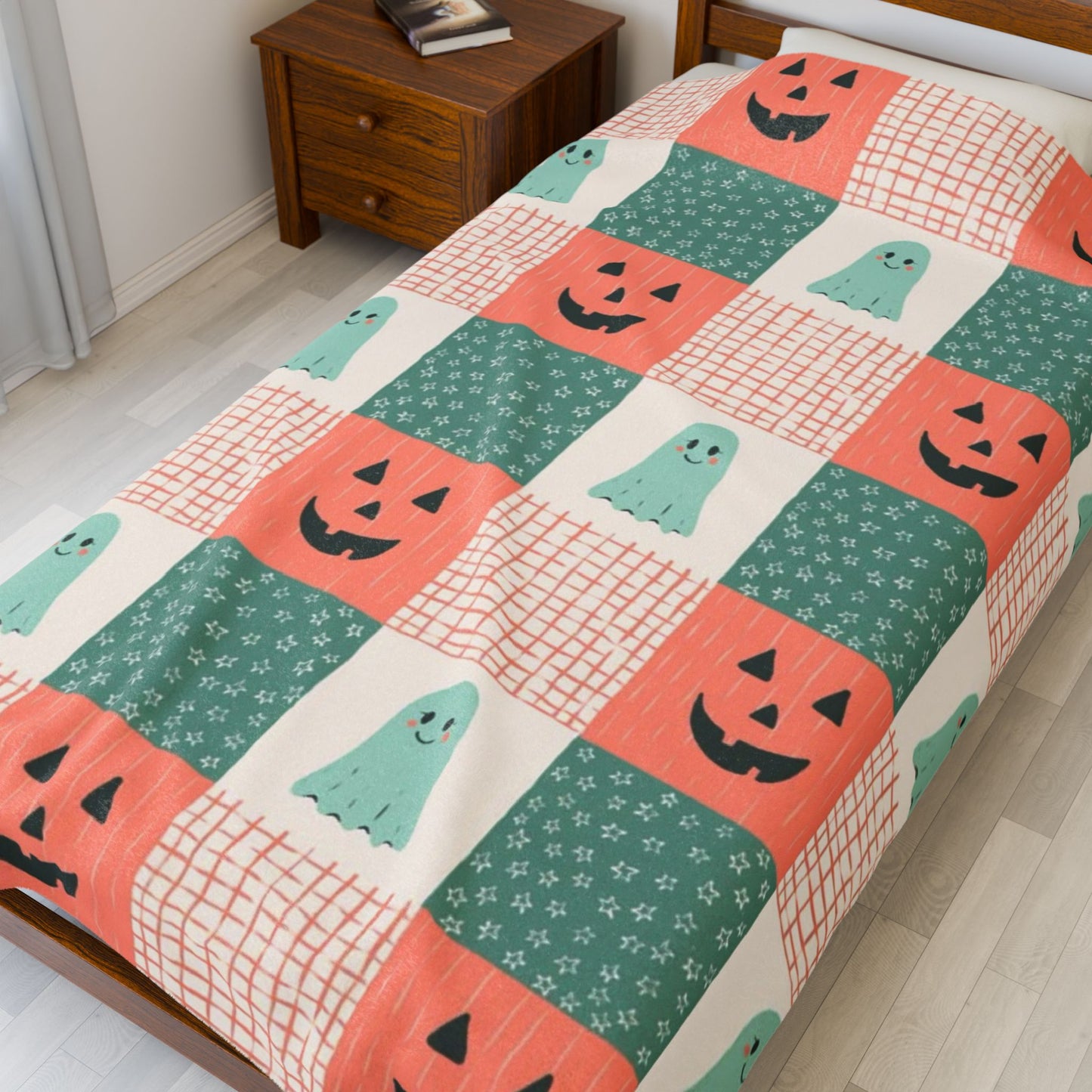 Ghost and Pumpkin Checkered Velveteen Plush Blanket