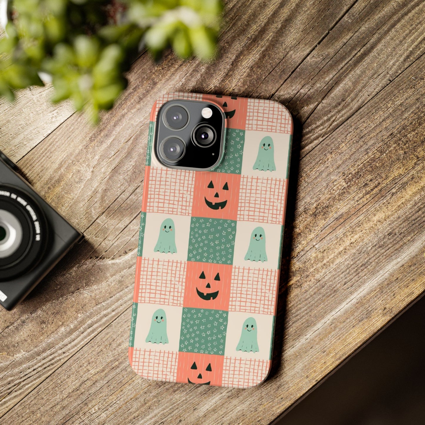 Ghost and Pumpkin Checkered Slim iPhone Case