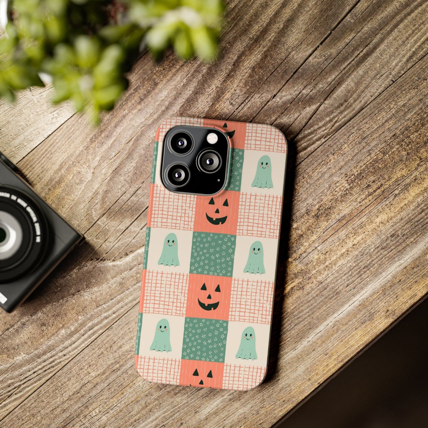 Ghost and Pumpkin Checkered Slim iPhone Case