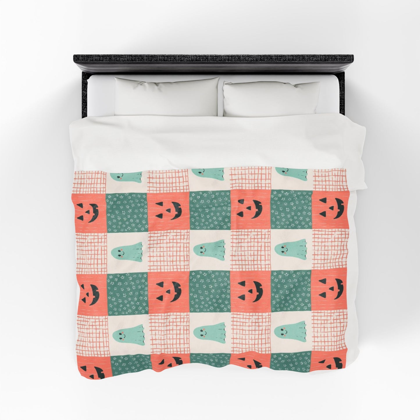Ghost and Pumpkin Checkered Velveteen Plush Blanket
