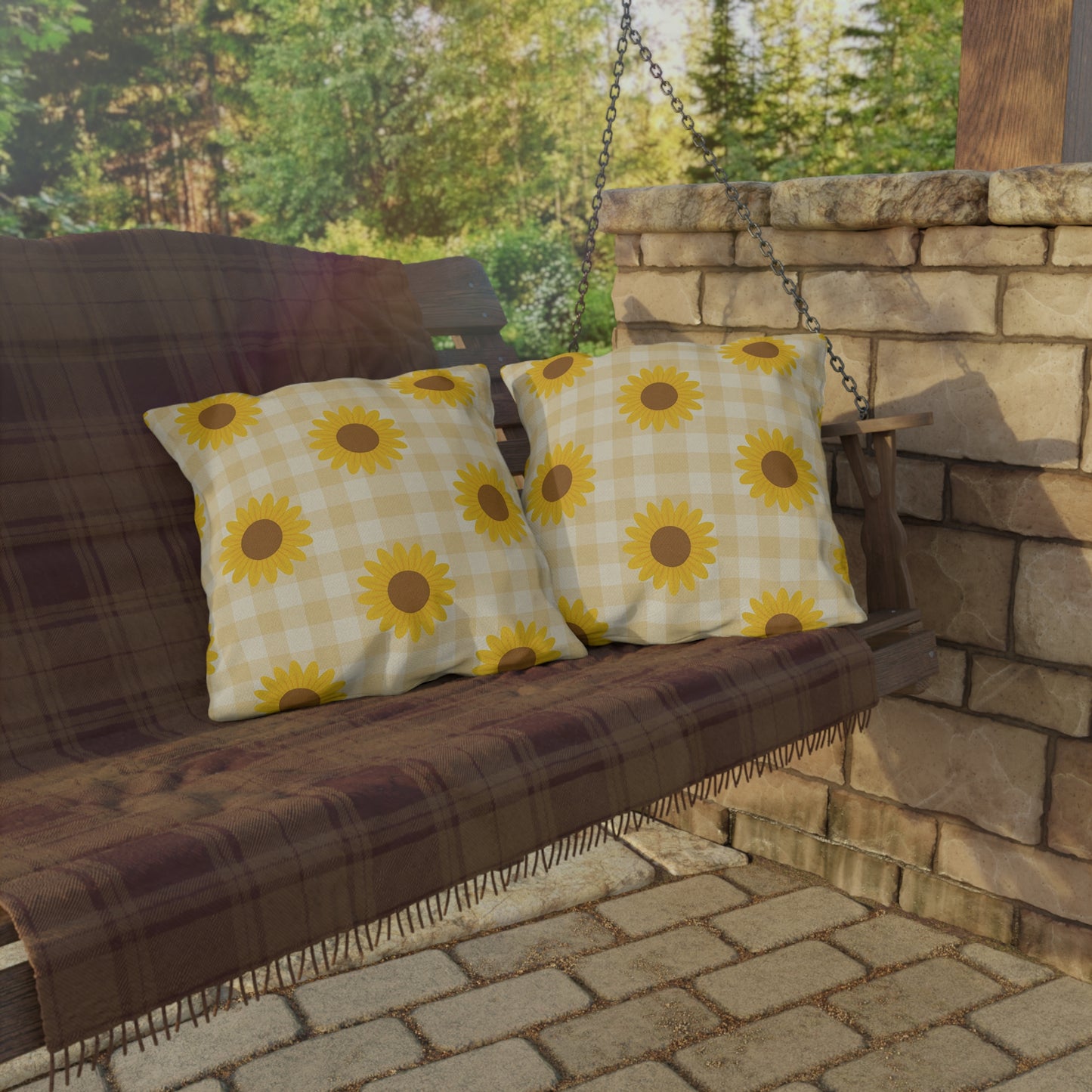 Sunflowers on a Gingham Outdoor Pillow