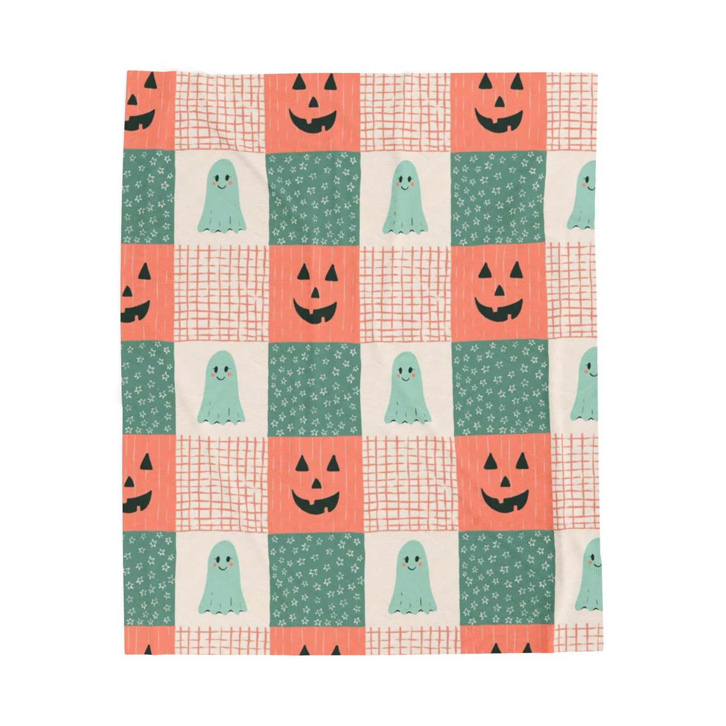 Ghost and Pumpkin Checkered Velveteen Plush Blanket
