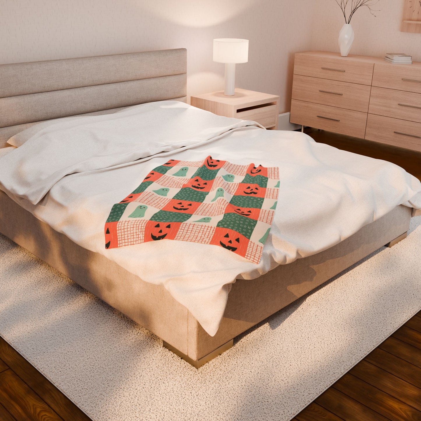 Ghost and Pumpkin Checkered Velveteen Plush Blanket