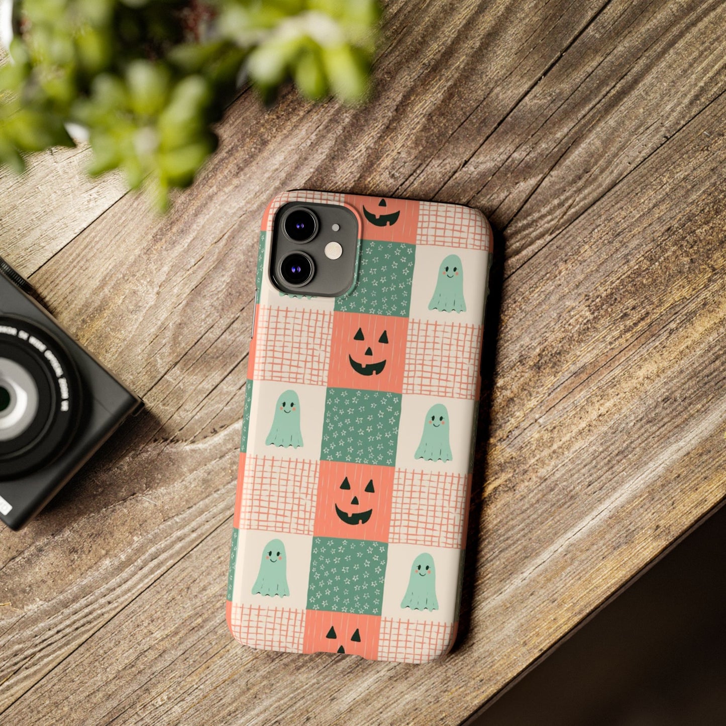 Ghost and Pumpkin Checkered Slim iPhone Case
