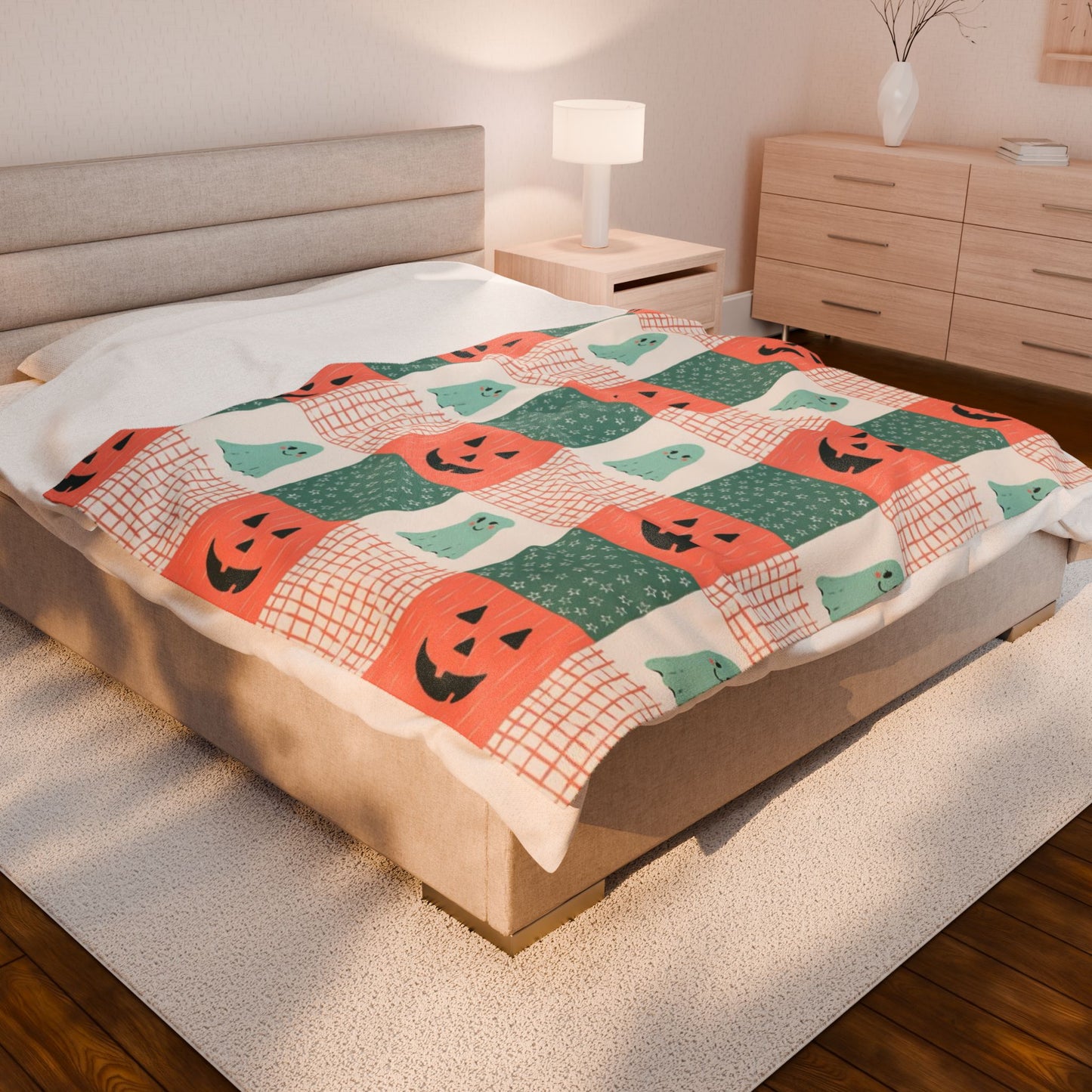 Ghost and Pumpkin Checkered Velveteen Plush Blanket