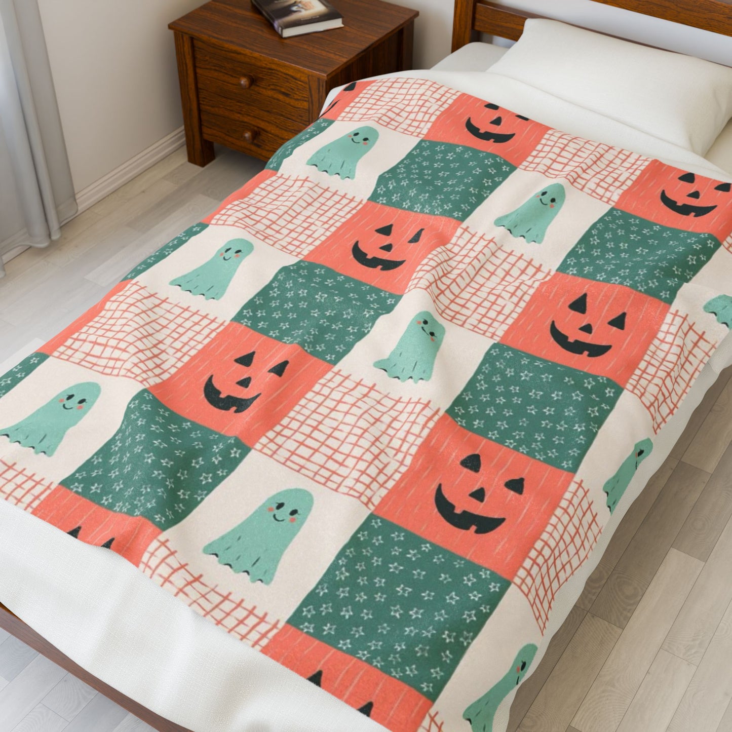 Ghost and Pumpkin Checkered Velveteen Plush Blanket