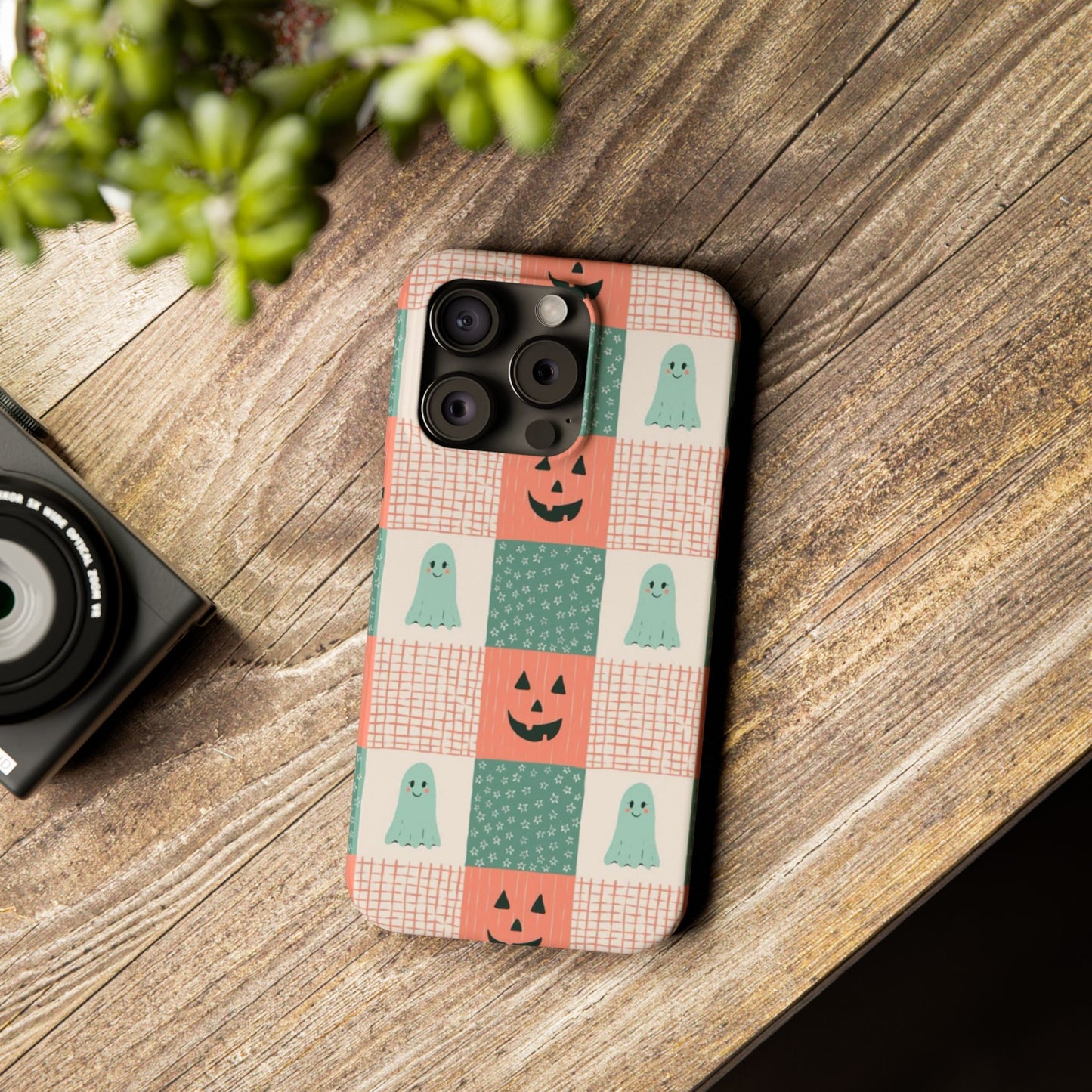 Ghost and Pumpkin Checkered Slim iPhone Case