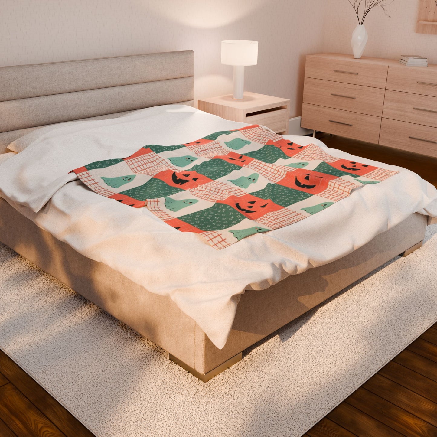Ghost and Pumpkin Checkered Velveteen Plush Blanket
