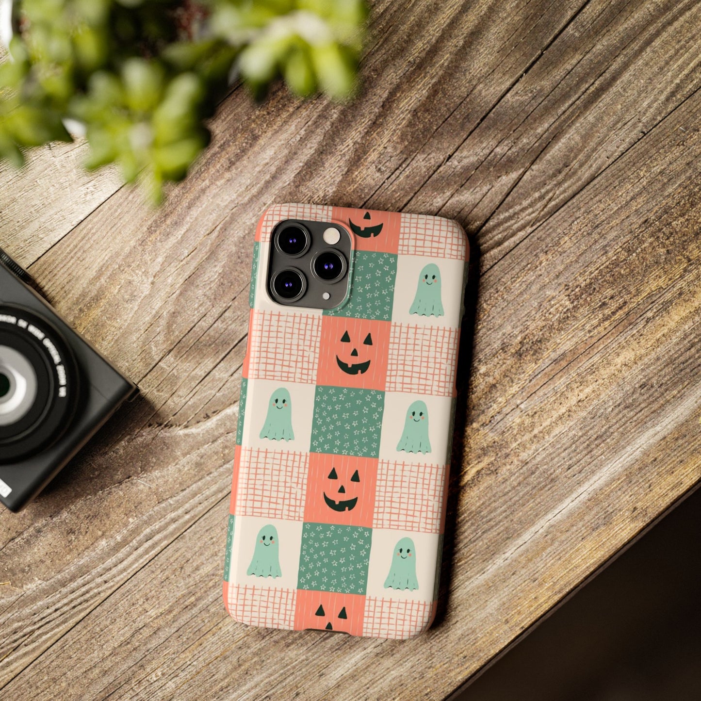 Ghost and Pumpkin Checkered Slim iPhone Case