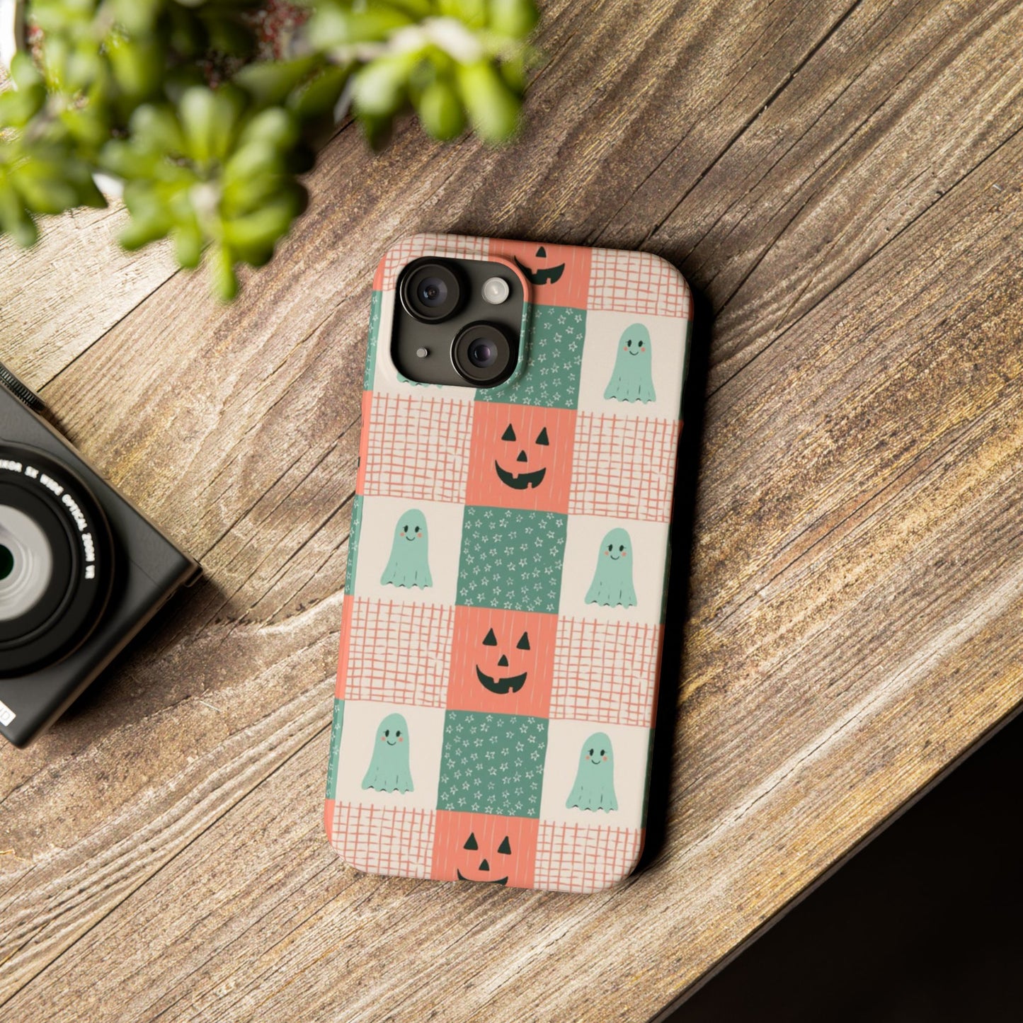 Ghost and Pumpkin Checkered Slim iPhone Case