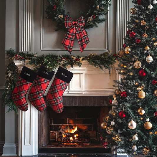 Collage of Ralph Lauren–inspired plaid holiday invitations featuring tartan patterns, elegant fonts, and Christmas event templates.