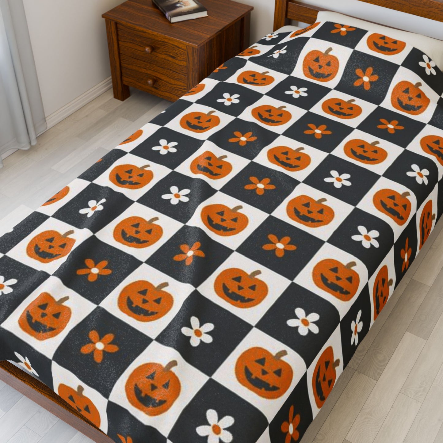 Checkered Pumpkin Florals Velveteen Plush Blanket