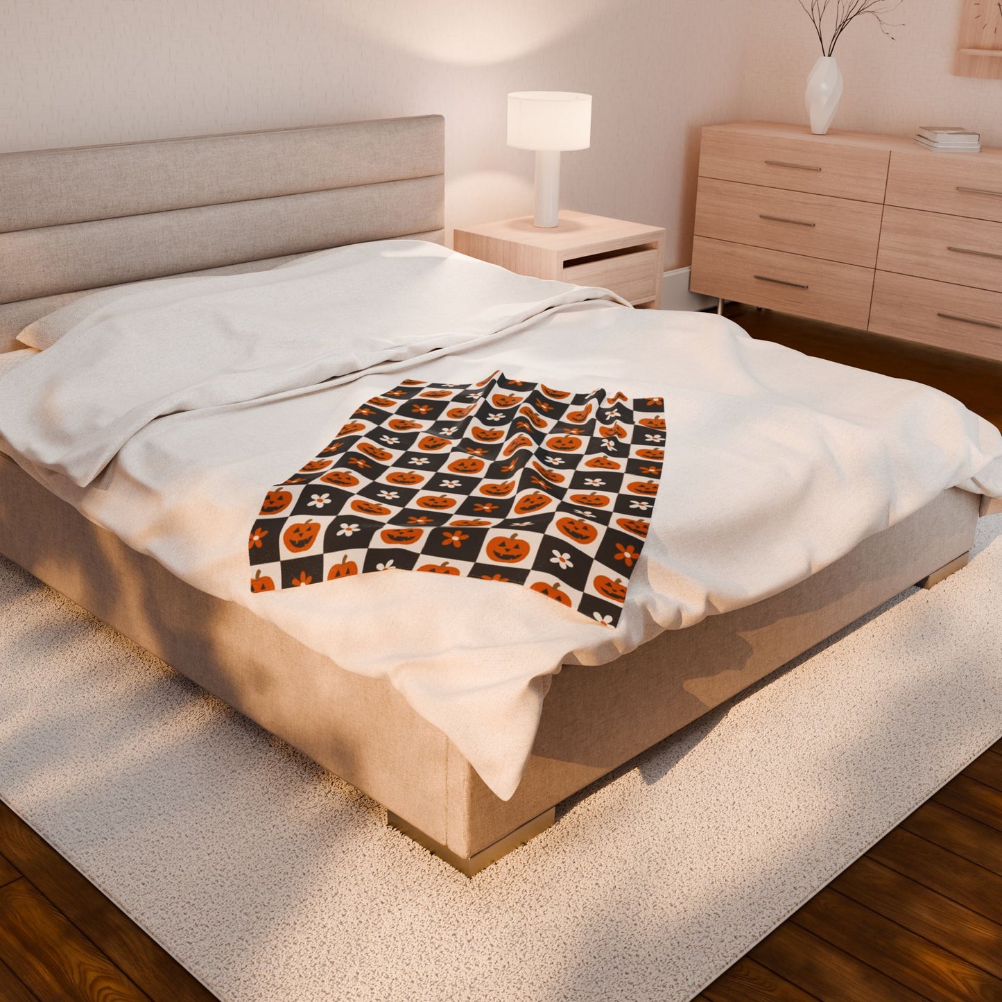 Checkered Pumpkin Florals Velveteen Plush Blanket