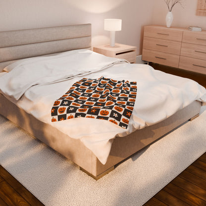 Checkered Pumpkin Florals Velveteen Plush Blanket