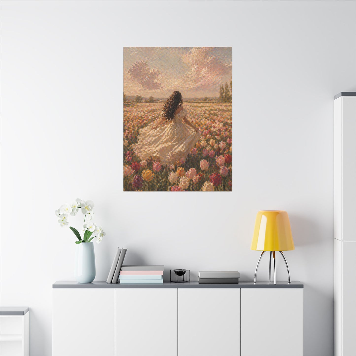 Spring Meadow Canvas Print - Woman in Lavender Field Matte Stretched Wall Art