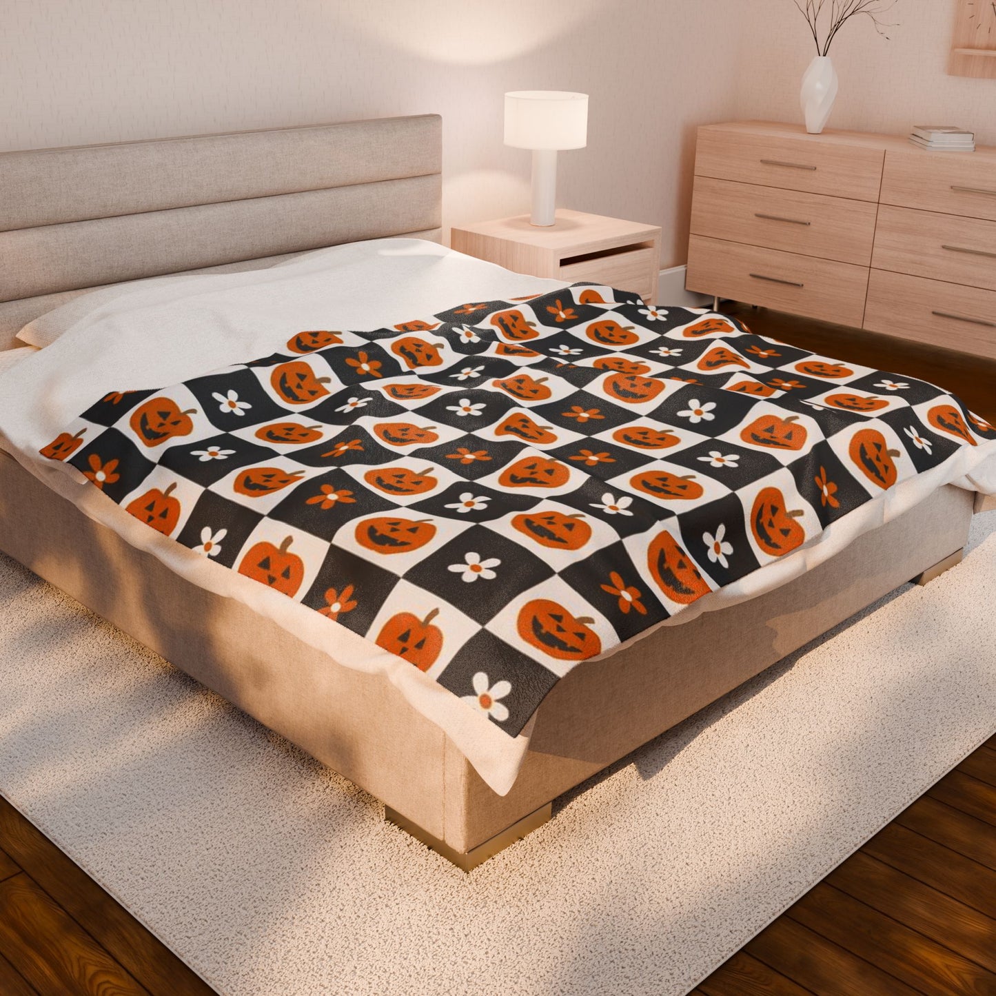 Checkered Pumpkin Florals Velveteen Plush Blanket