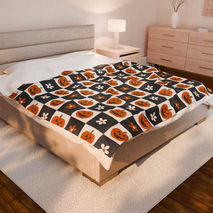 Checkered Pumpkin Florals Velveteen Plush Blanket