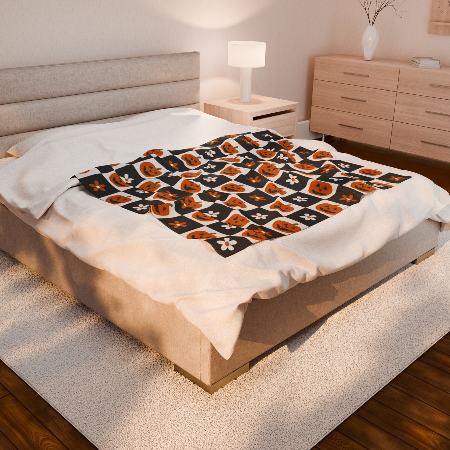 Checkered Pumpkin Florals Velveteen Plush Blanket