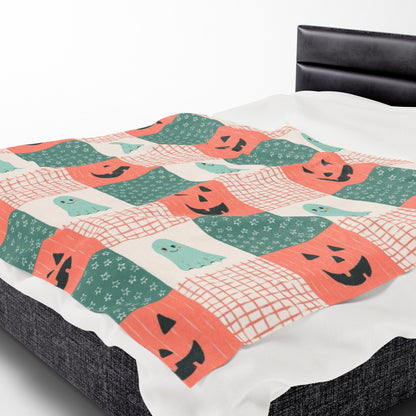 Ghost and Pumpkin Checkered Velveteen Plush Blanket