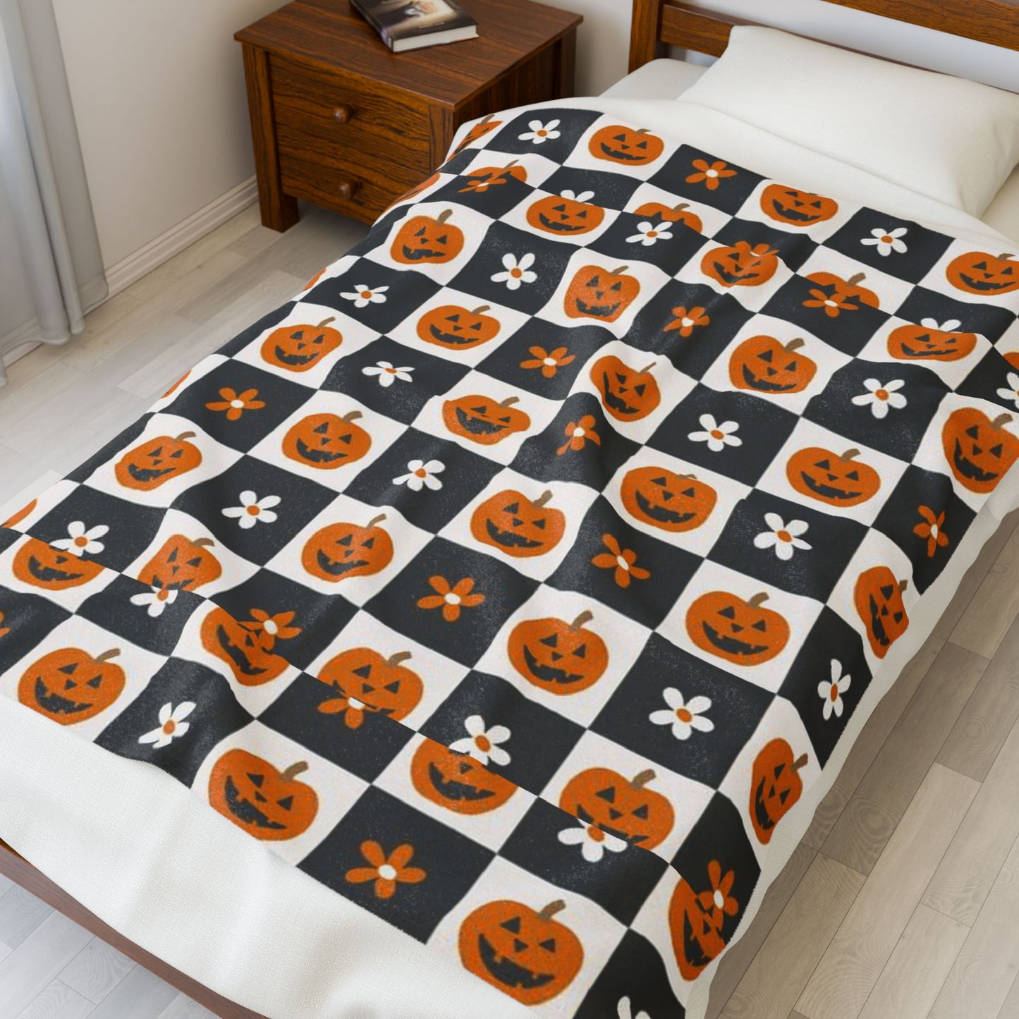 Checkered Pumpkin Florals Velveteen Plush Blanket