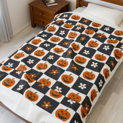 Checkered Pumpkin Florals Velveteen Plush Blanket