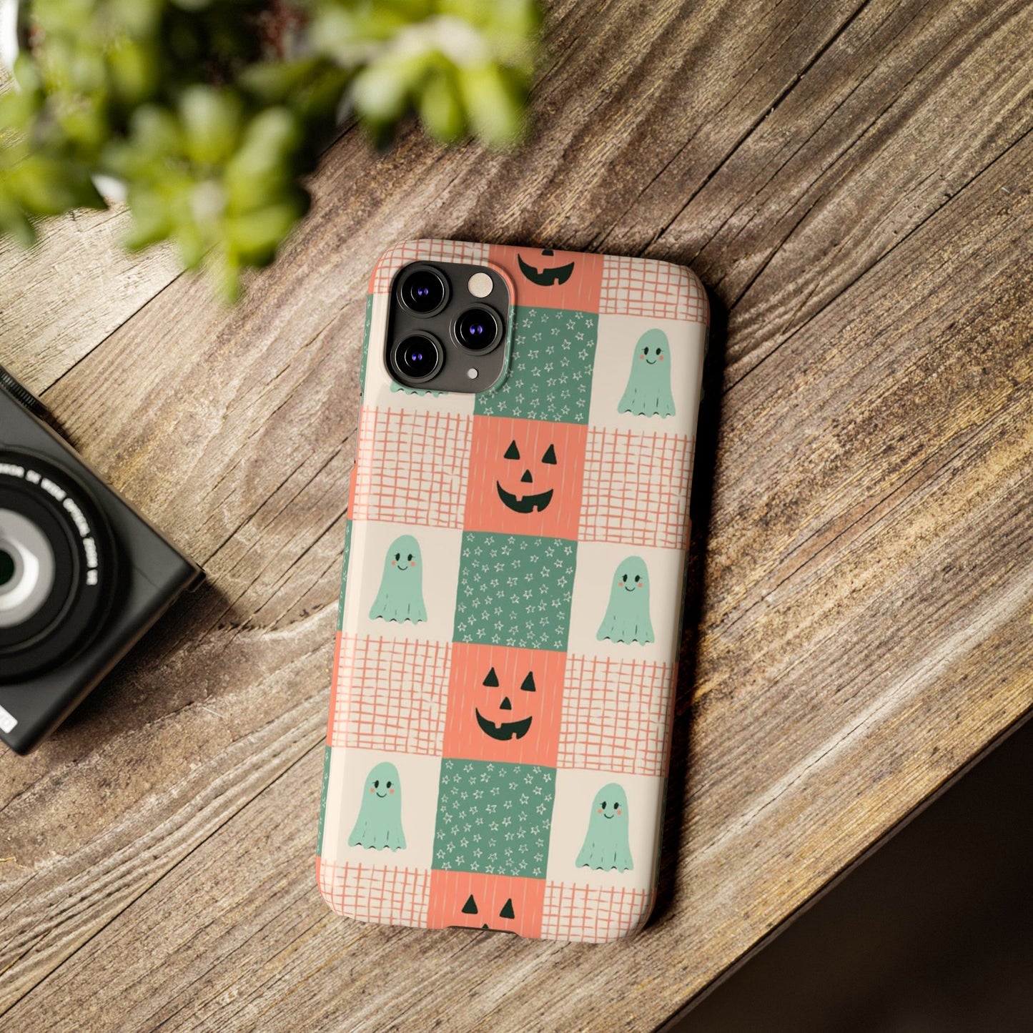 Ghost and Pumpkin Checkered Slim iPhone Case