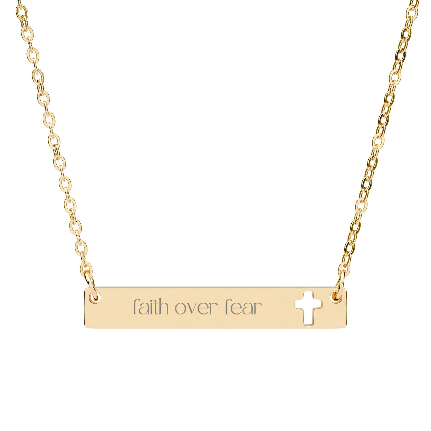 Faith Over Fear Personalized Engraved Cut Out Cross Bar Necklace