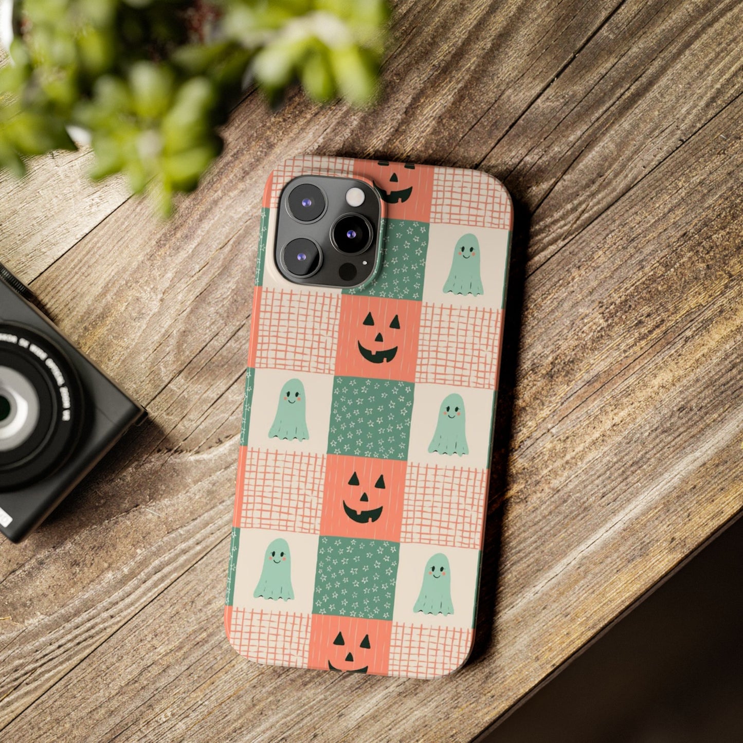 Ghost and Pumpkin Checkered Slim iPhone Case