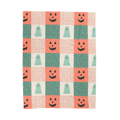 Ghost and Pumpkin Checkered Velveteen Plush Blanket