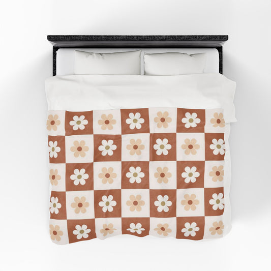 Autumn Checkered Floral Velveteen Plush Blanket