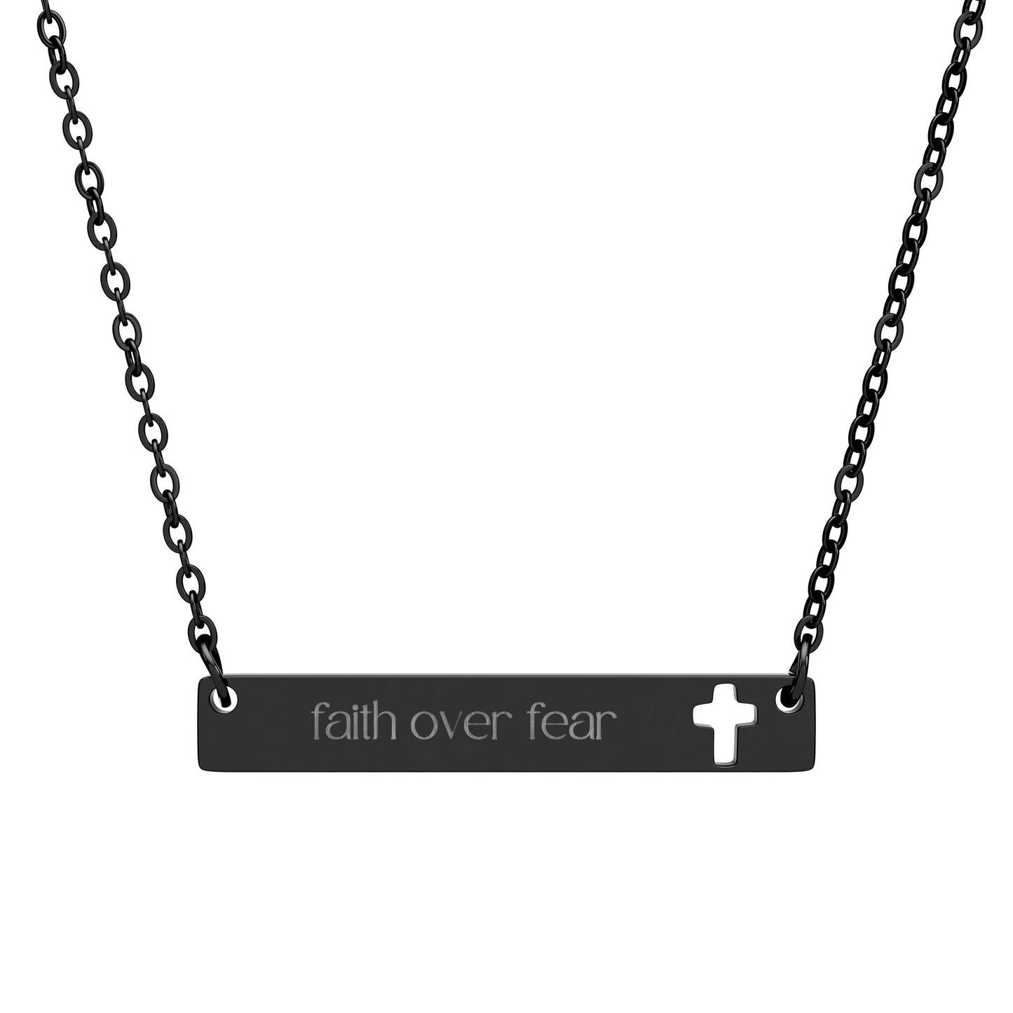 Faith Over Fear Personalized Engraved Cut Out Cross Bar Necklace
