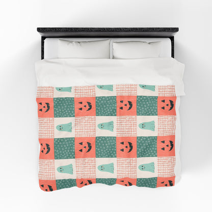 Ghost and Pumpkin Checkered Velveteen Plush Blanket