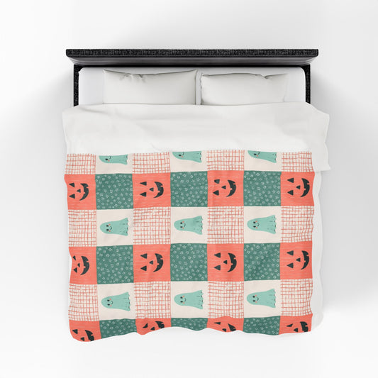 Ghost and Pumpkin Checkered Velveteen Plush Blanket
