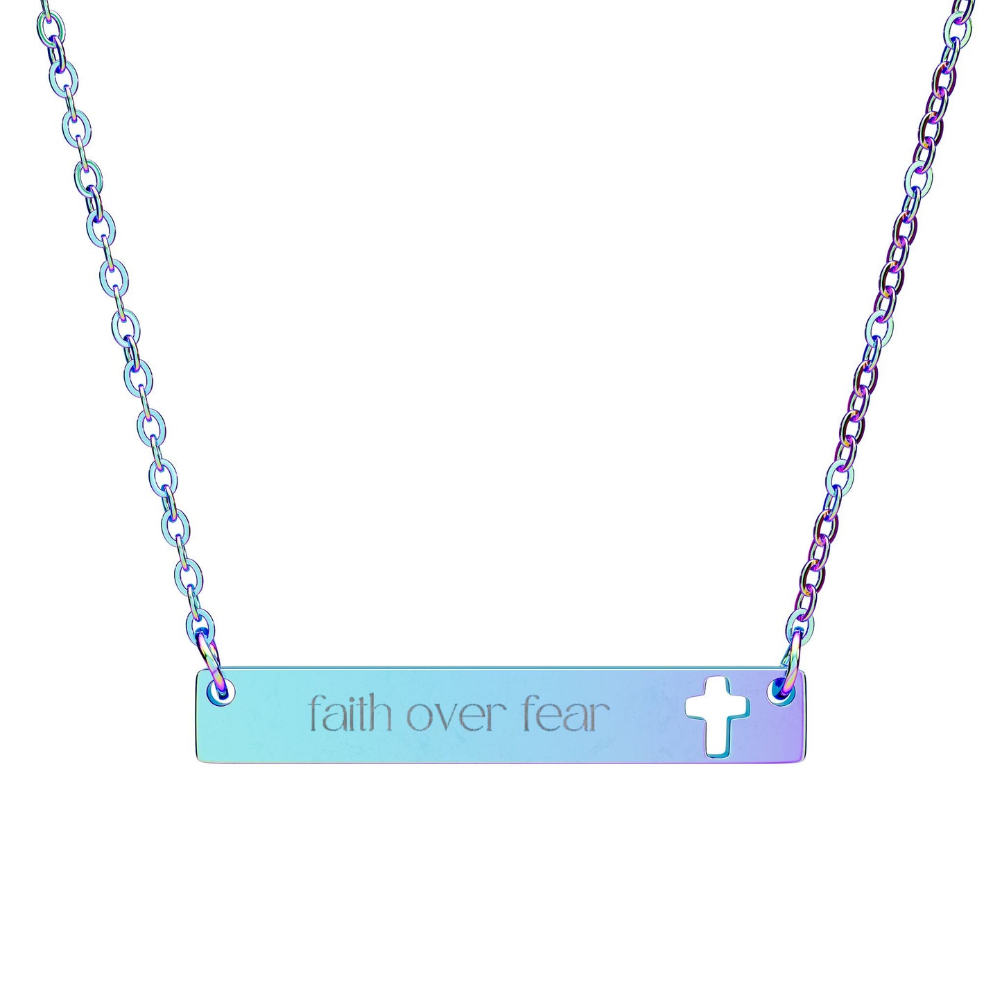 Faith Over Fear Personalized Engraved Cut Out Cross Bar Necklace