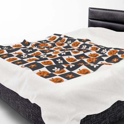 Checkered Pumpkin Florals Velveteen Plush Blanket