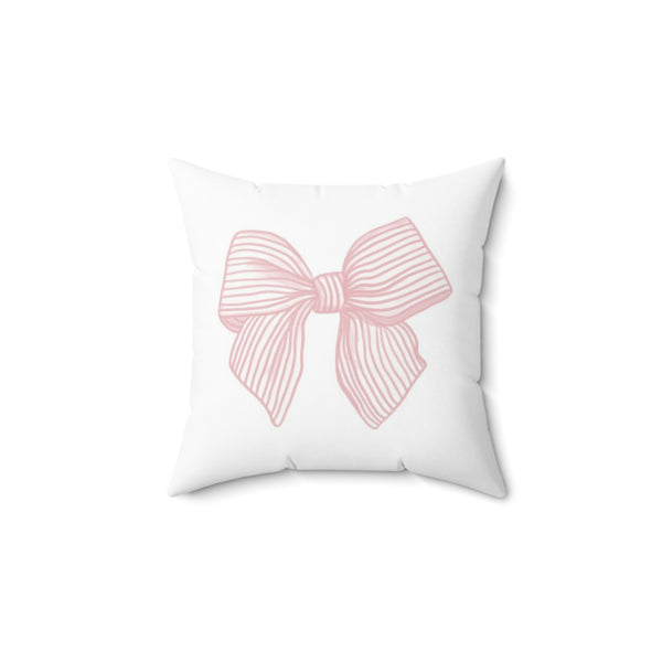 Striped Pink Bow Faux Suede Square Pillow