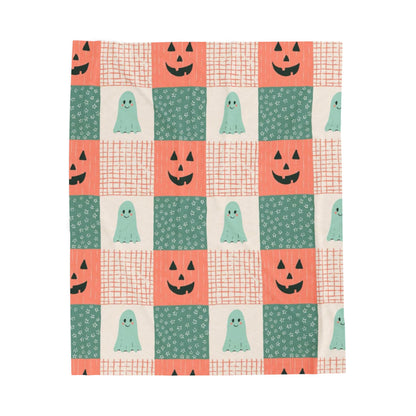 Ghost and Pumpkin Checkered Velveteen Plush Blanket