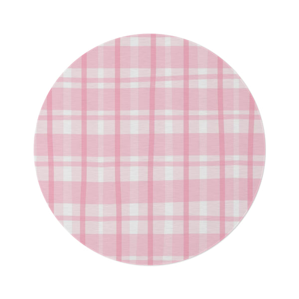 Pink Plaid Striped Round Rug